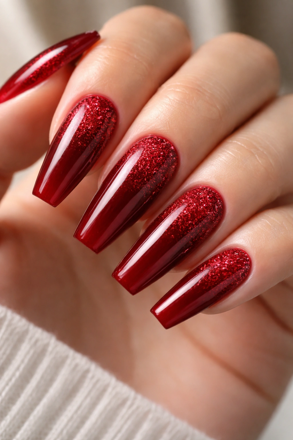 Close-up of red ballerina nails with ruby shimmer on a neutral backdrop