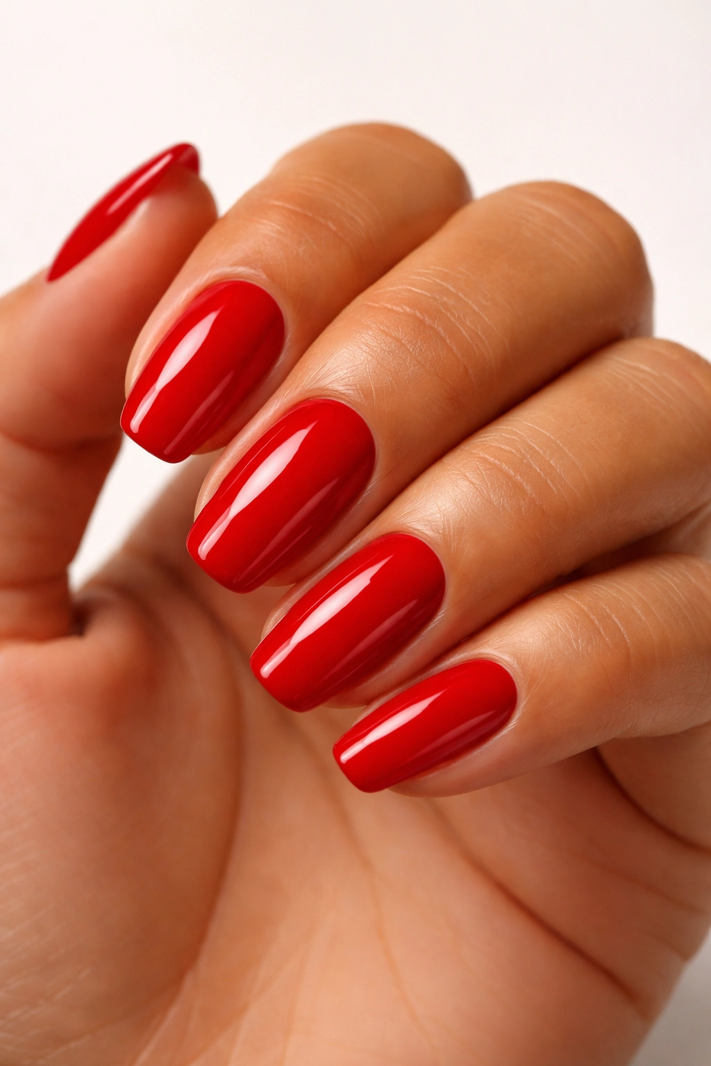 Close-up of red nails on tan skin