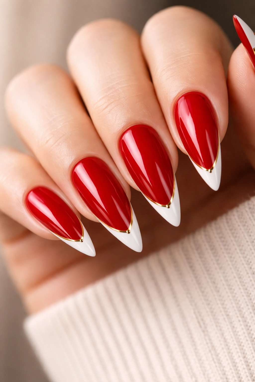 Classic red stiletto nails with thin white tip and gold line