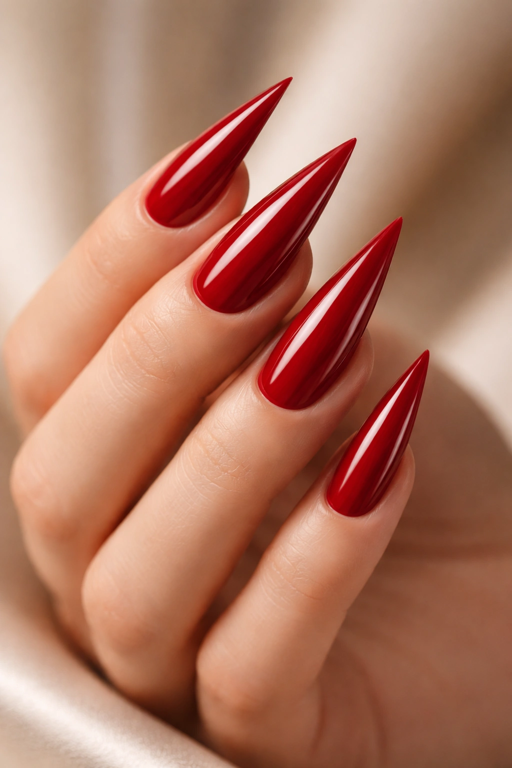Close-up of classic red stiletto nails with glossy finish on a neutral background