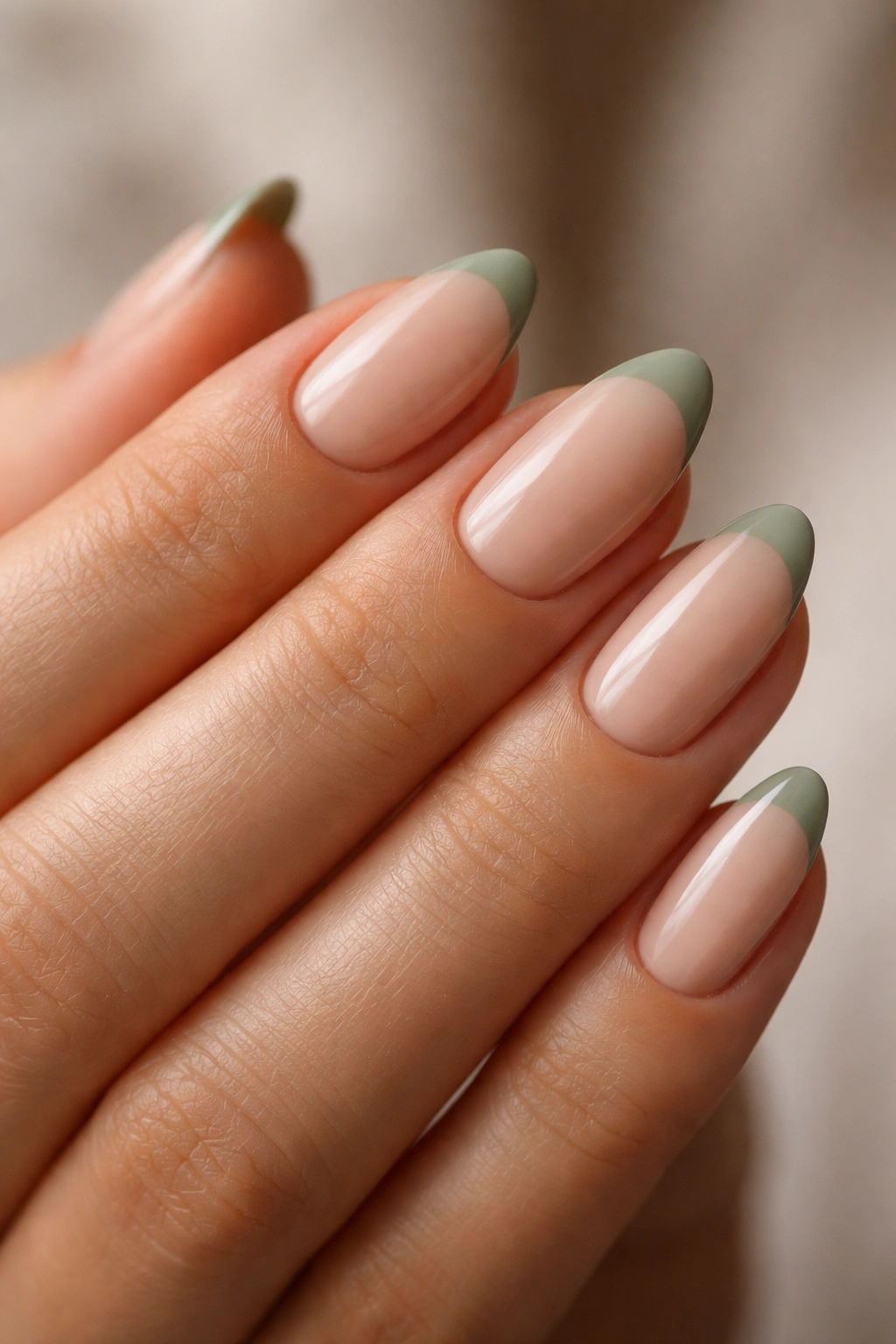 Short almond nails with sheer nude base and sage French tips