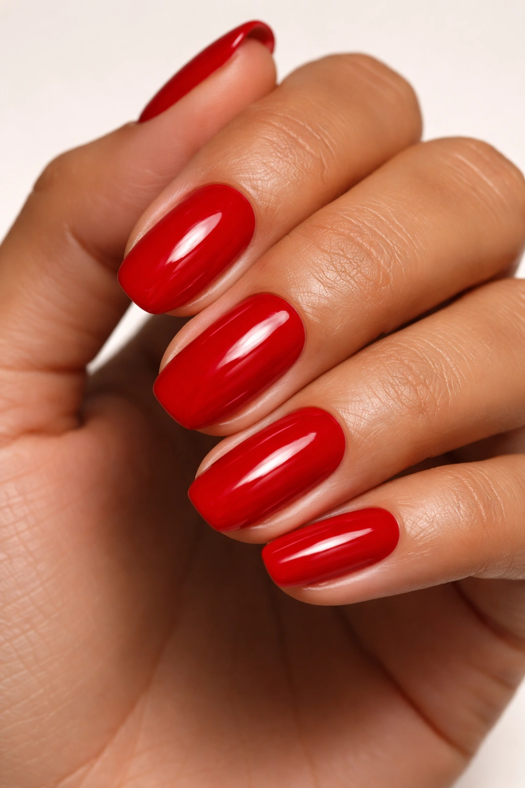 Close-up of classic true red nails on medium skin with glossy finish