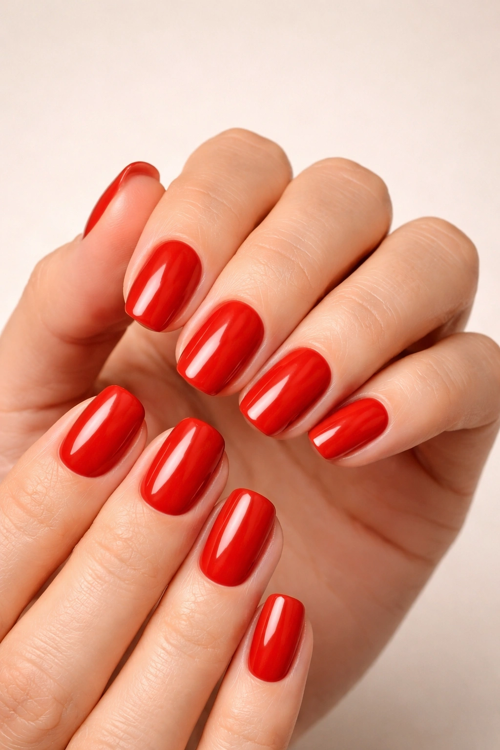 Close-up of hands with classic warm red nails polished and flattering