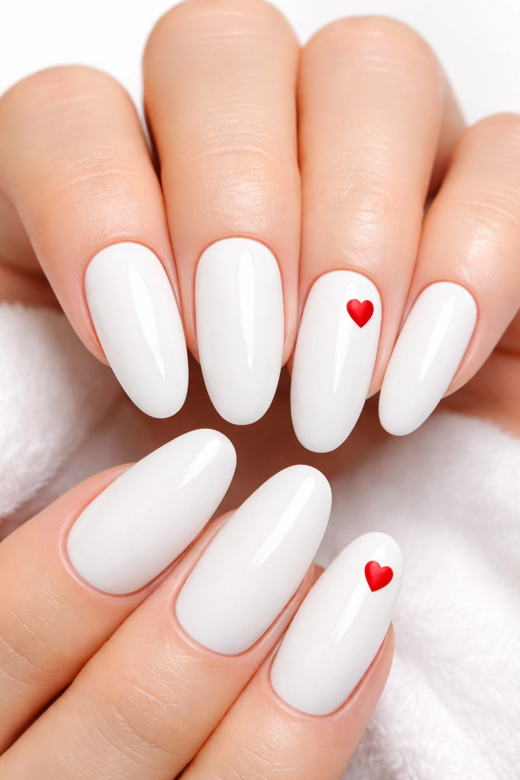 Classic white nails with red heart accents on accent nails