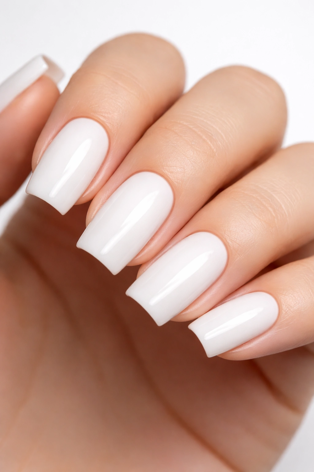 Close-up of classic white square acrylic nails with creamy opaque polish.