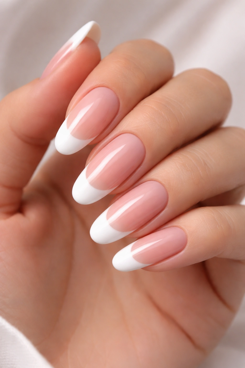 Close-up of long round nails with pink base and white French tips