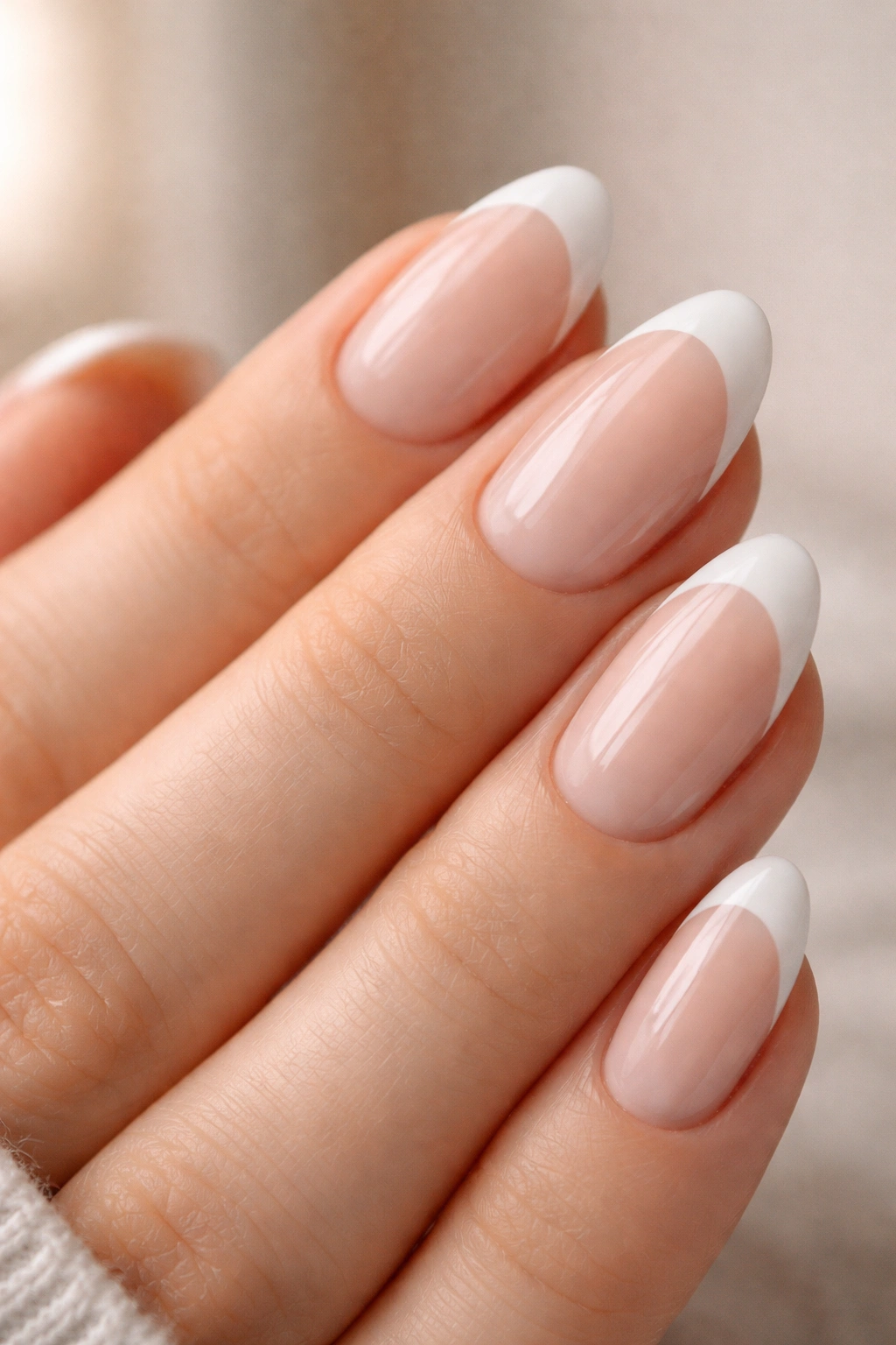 Close-up of short almond nails with sheer milky-pink base and crisp white tips in a studio setting