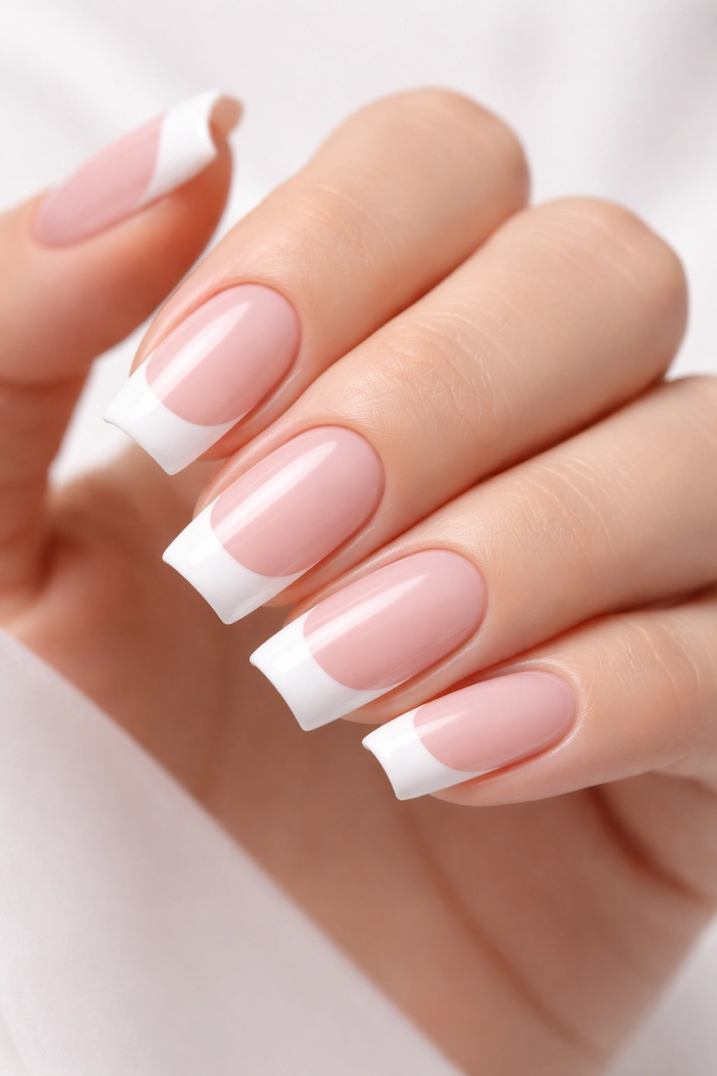Soft square nails with thick white tips on a neutral background