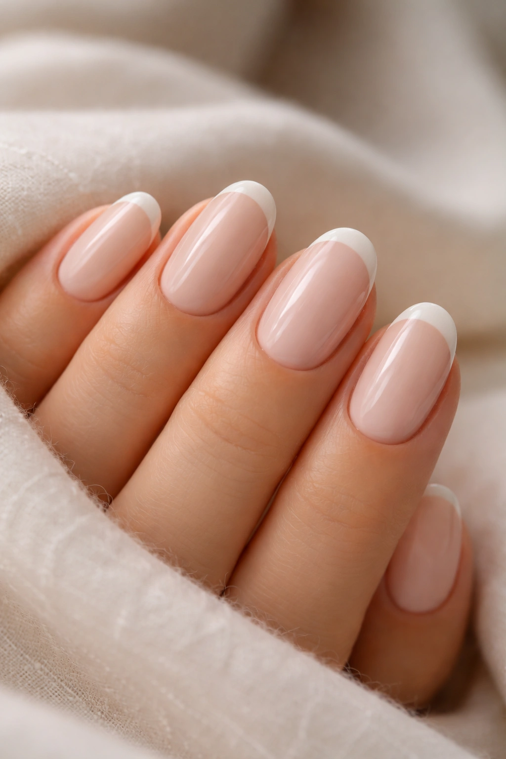 Close-up of short oval nails in classy neutral colors with glossy finish
