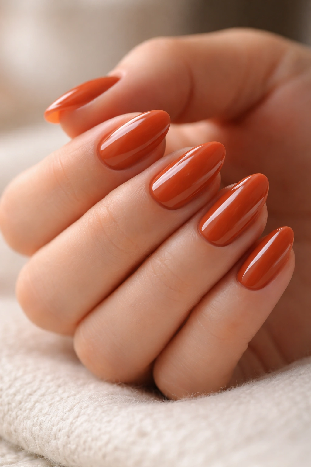 Close-up of clean, well-groomed burnt orange short almond nails