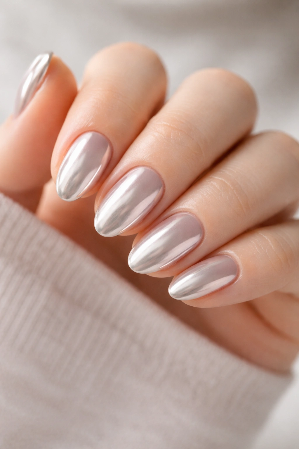 Close-up of clean, glossy chrome almond nails