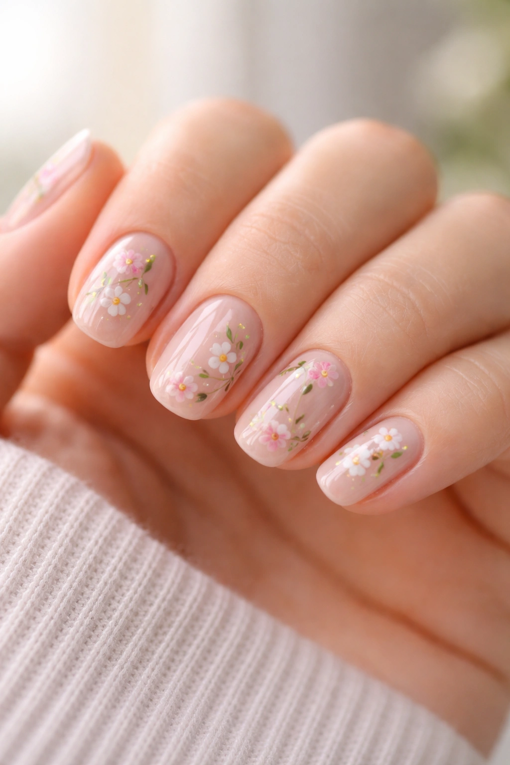 Close-up of clean, well-manicured short oval nails with glossy finish