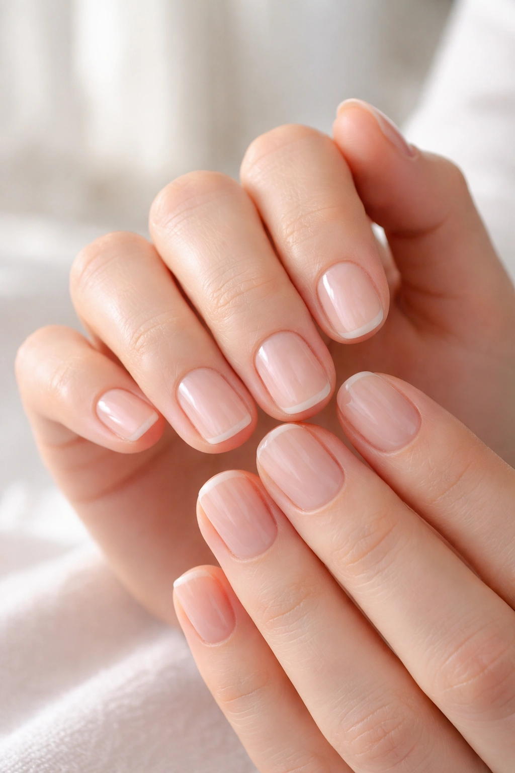 Close-up of natural nails with minimal polish and healthy shine