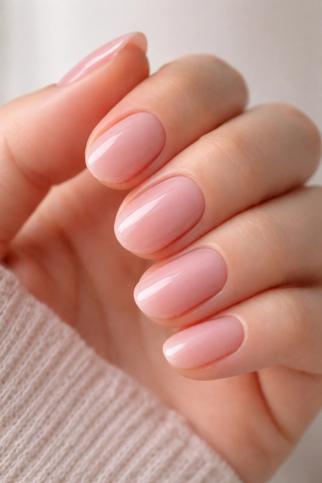 Close-up of short oval nails with sheer pink and glossy top coat.