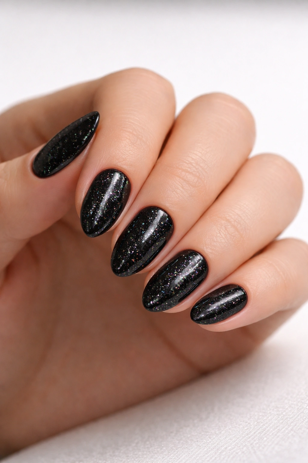 Close-up of neatly shaped short almond nails with clean cuticles and smooth black glitter.