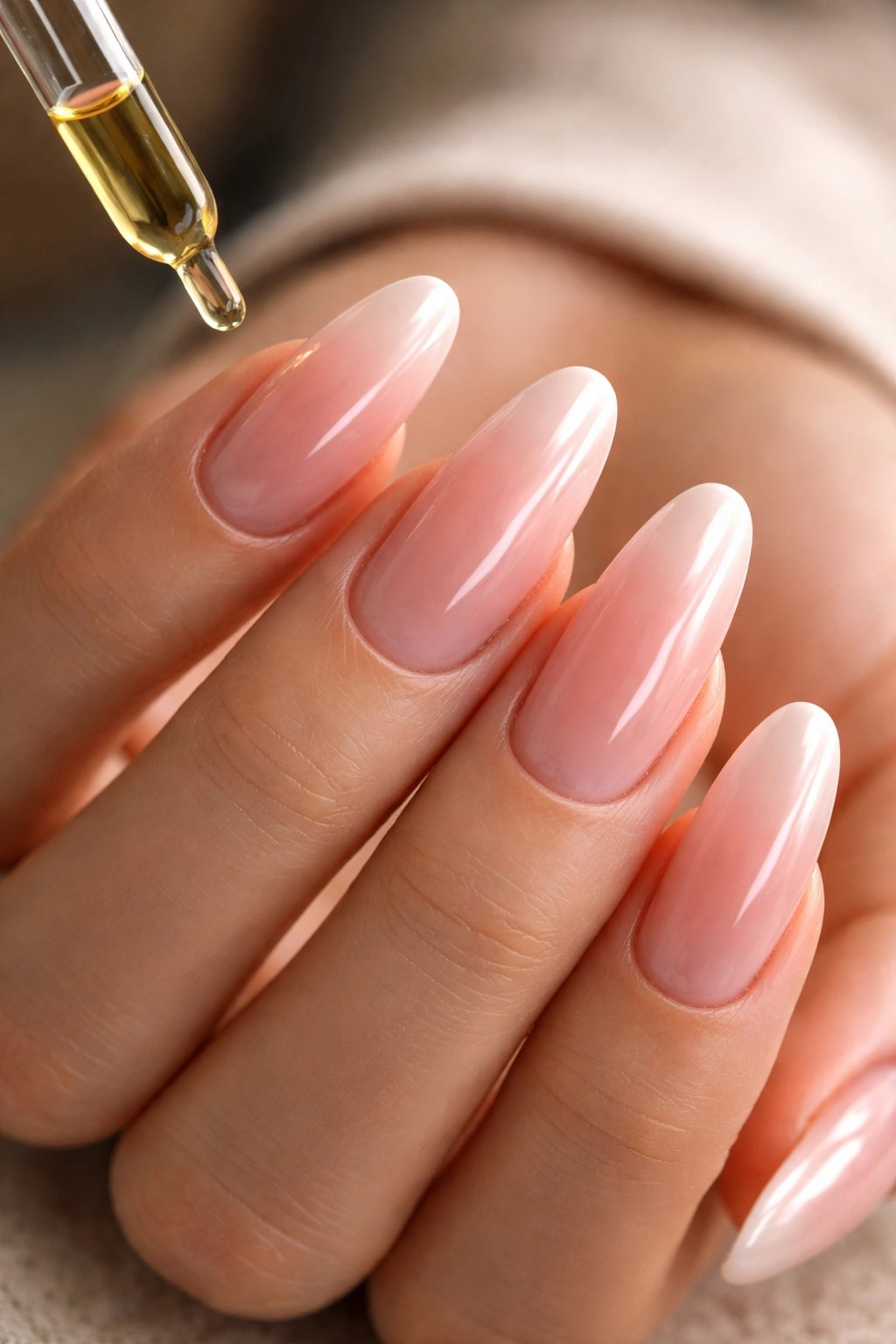 Close-up of clean, well-maintained long oval acrylic nails