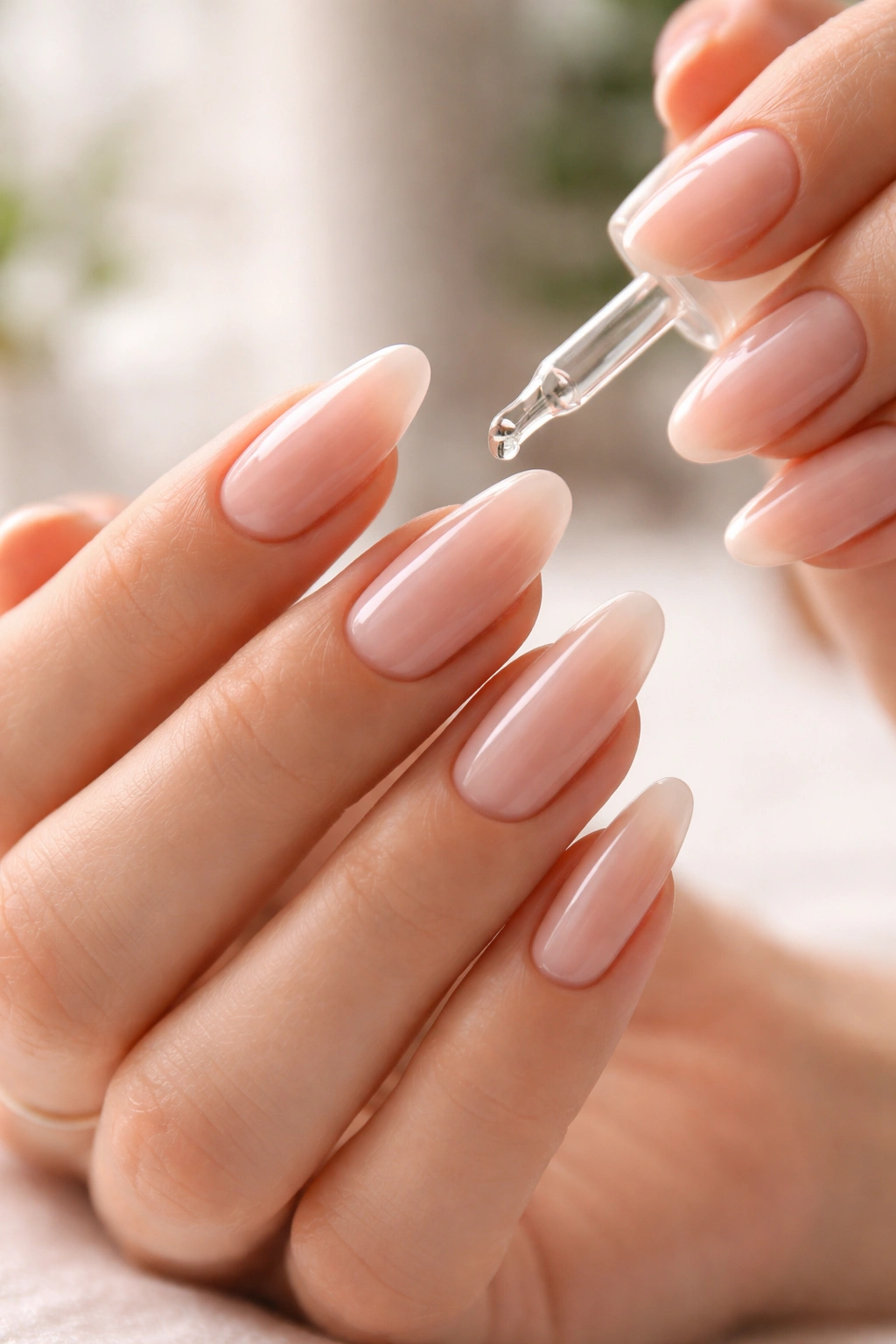 Close-up of clean glossy long oval nails with neat cuticles