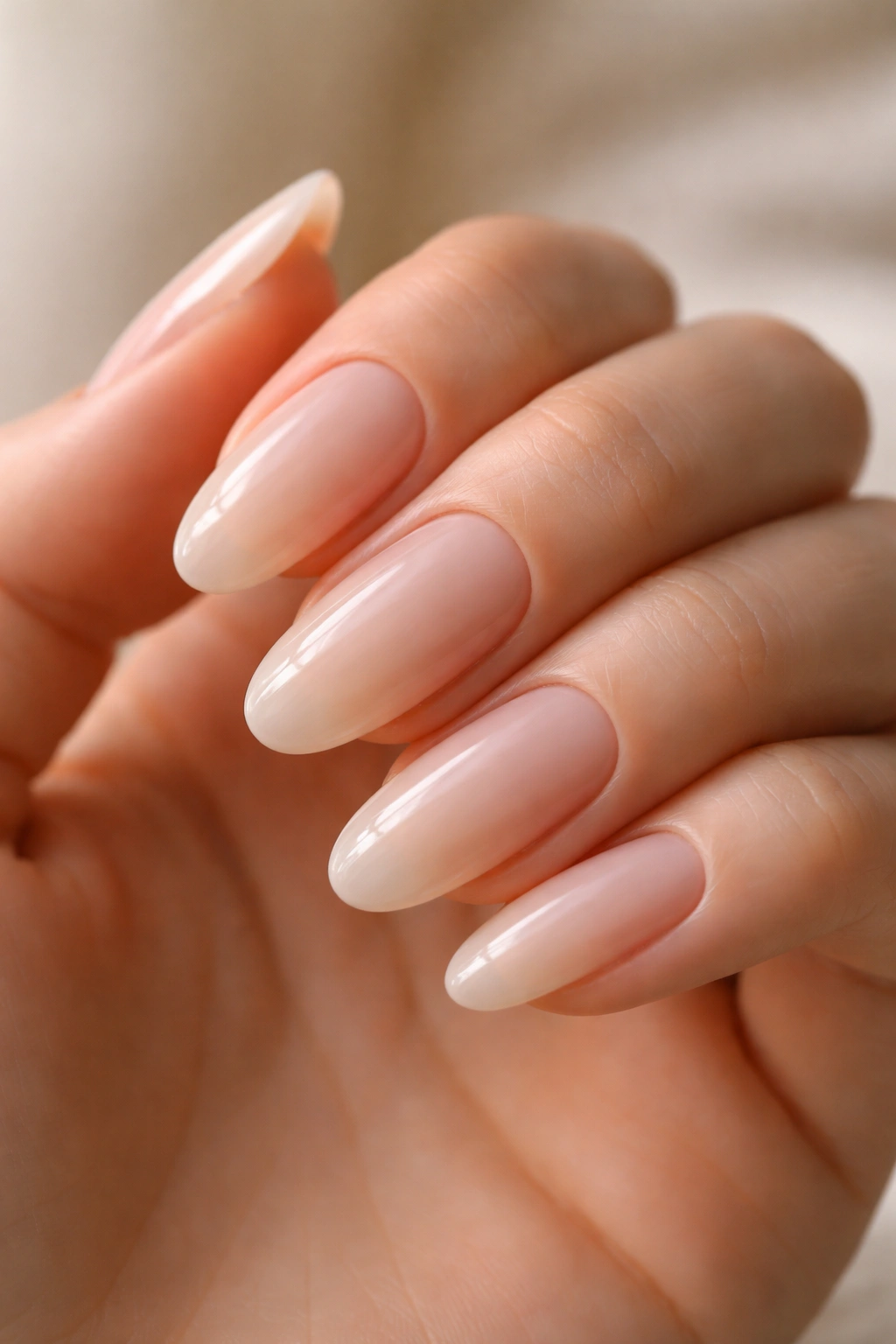 Close-up of long oval nails with pristine shape and neat cuticles