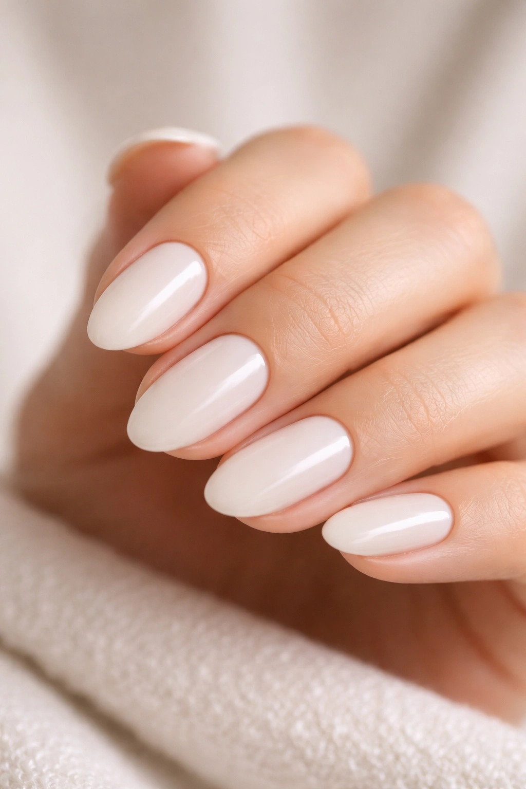 Close-up of short milky white almond nails with a clean glossy finish