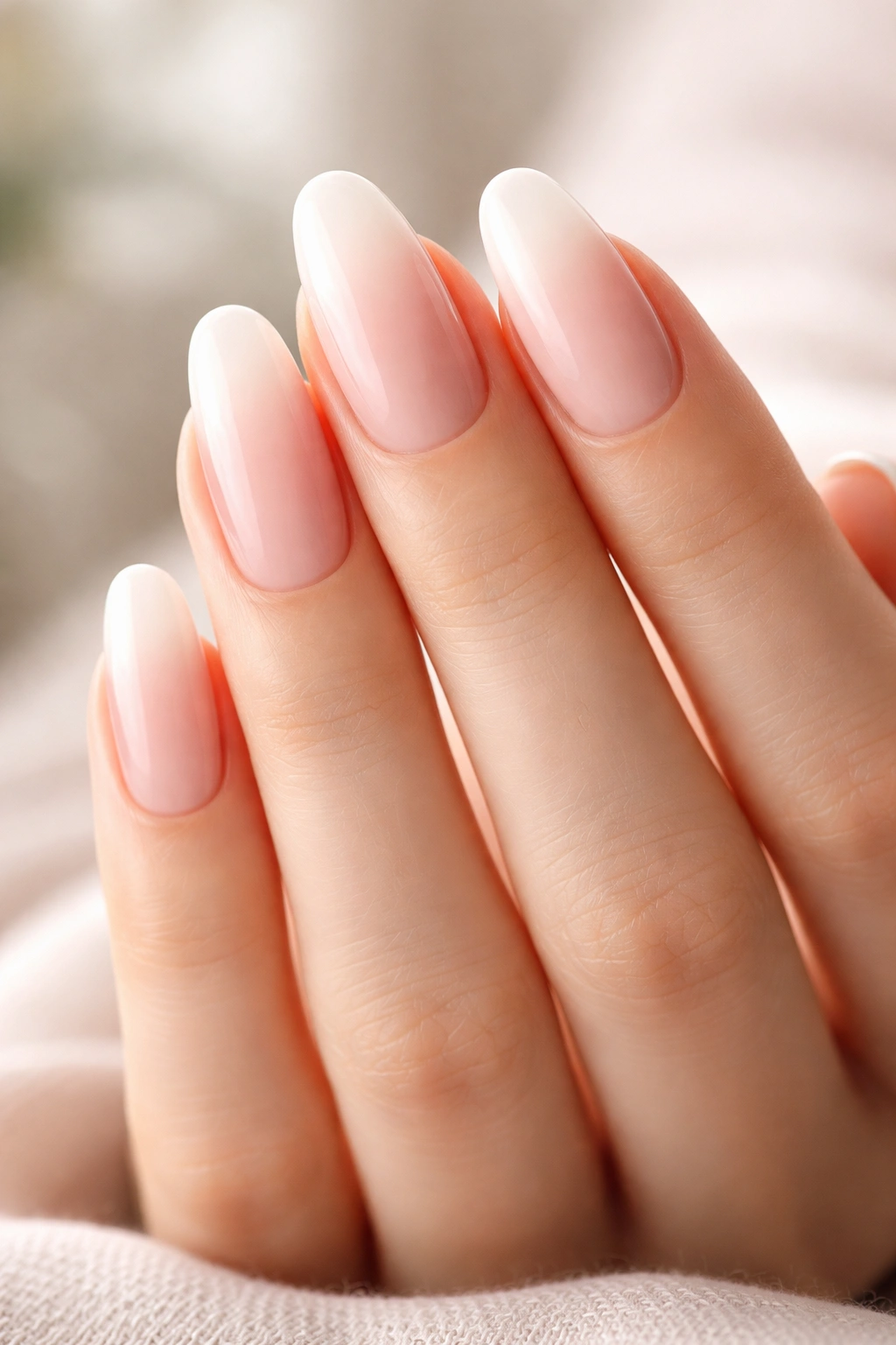 Close-up of long oval nails with clean ombre fade and balanced length