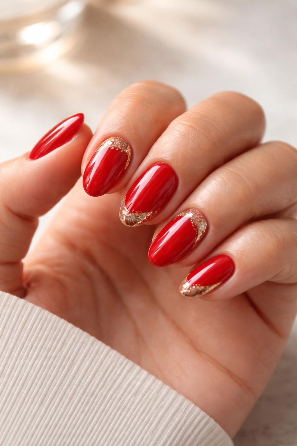 Close-up of clean short almond nails with tidy cuticles and glossy finish.