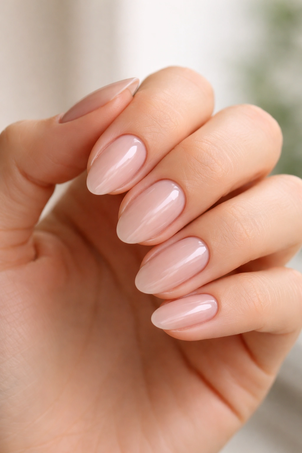 Close-up of clean, short almond nails with neat cuticles and glossy finish