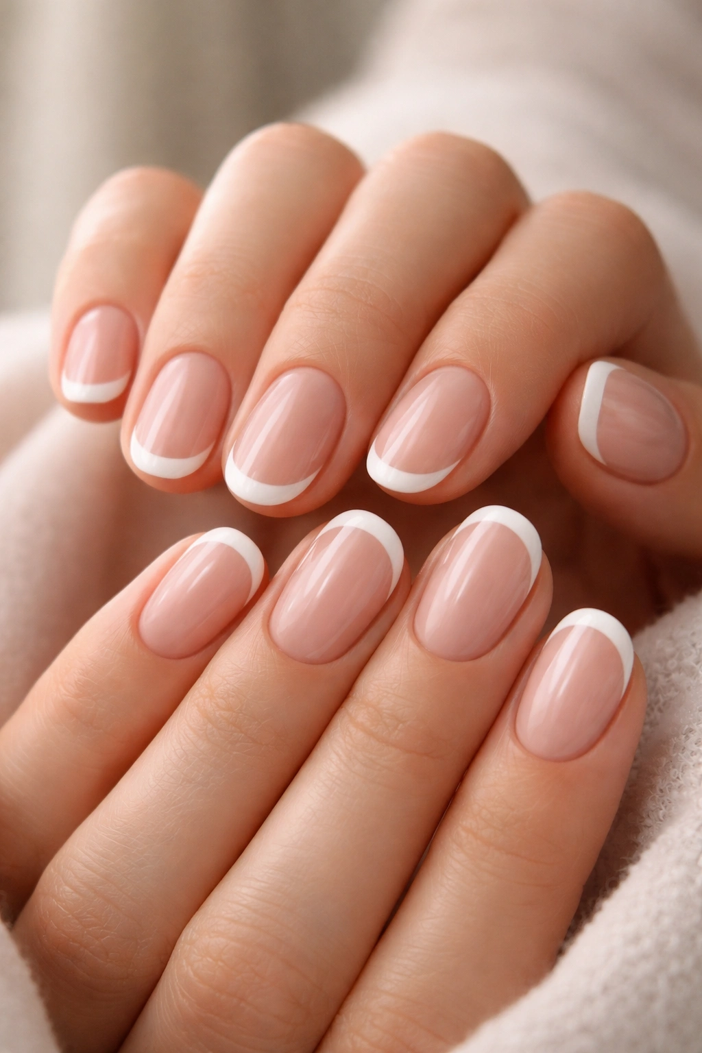 Close-up of pristine short oval nails with clean French tips and neat cuticles
