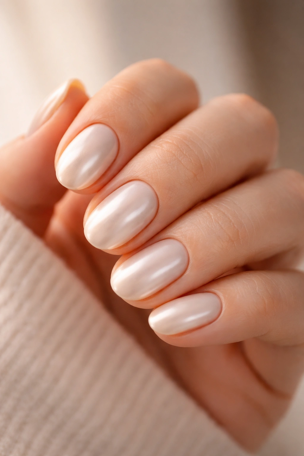 Close-up of clean, glossy short oval pearl nails with neat cuticles