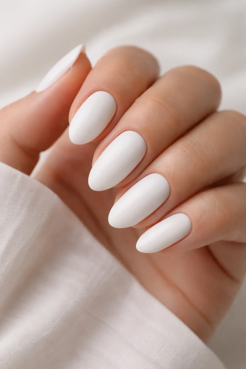 Close-up of short almond nails painted white with matte finish