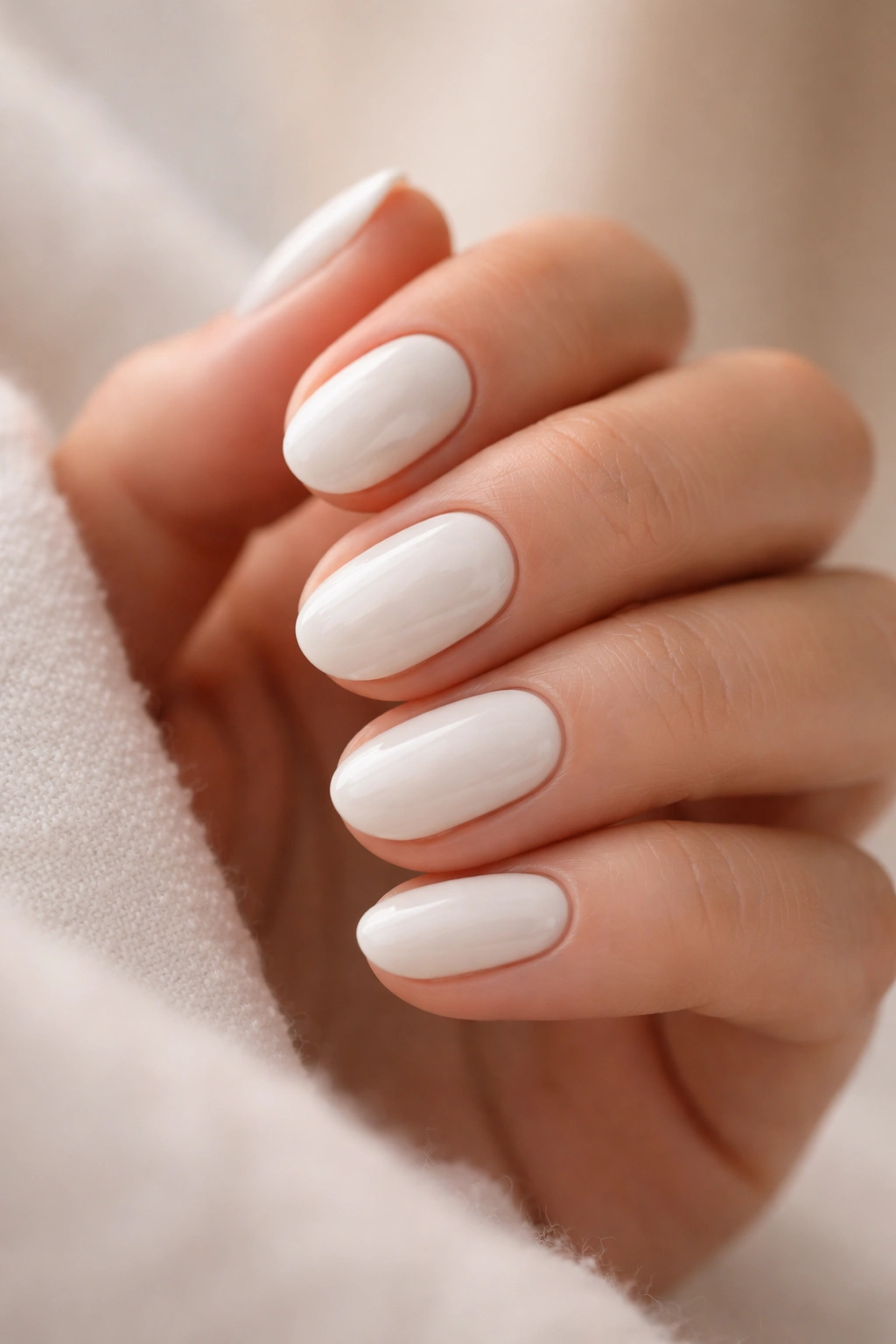 Close-up of soft white short oval gel nails with clean finish