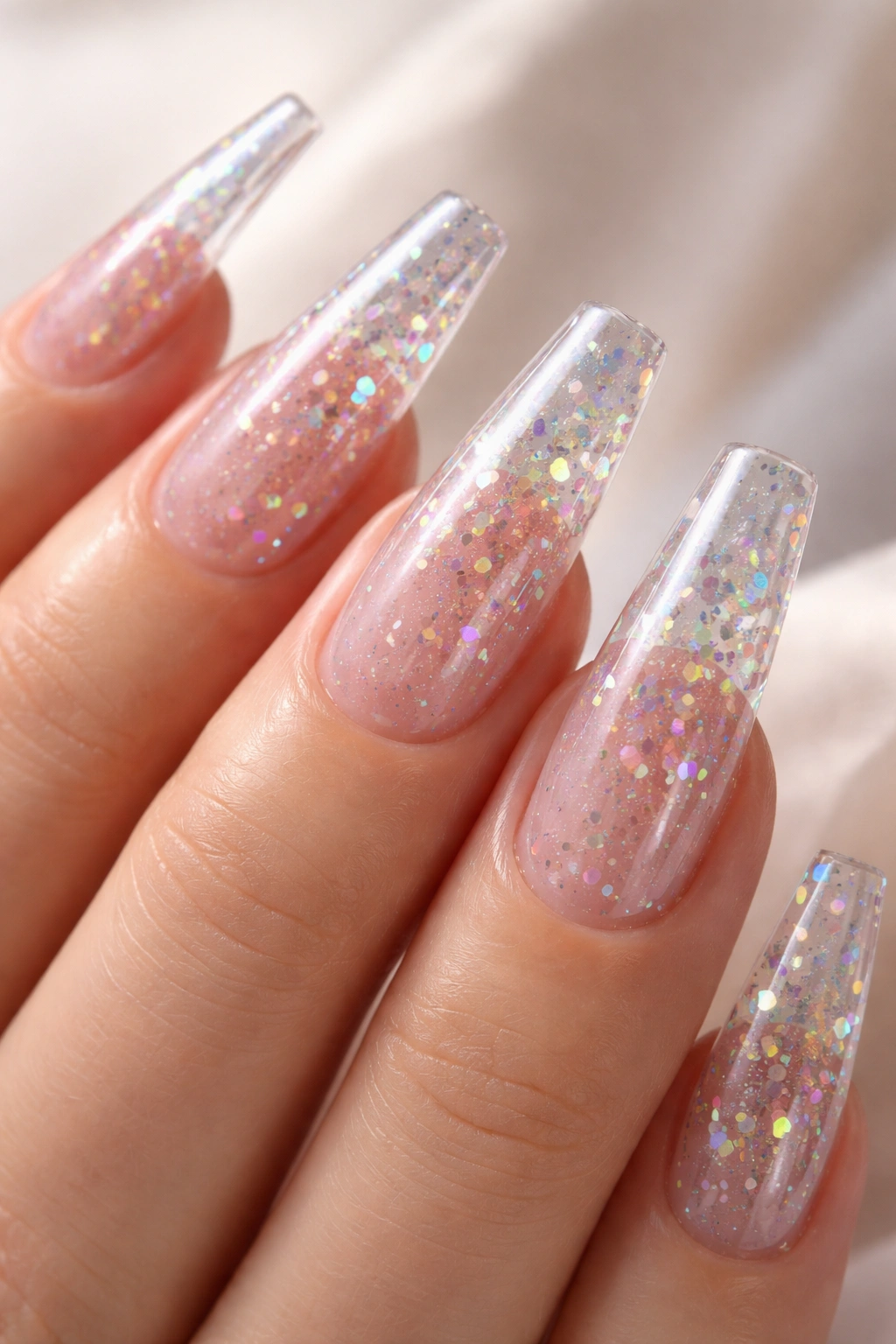 Close-up of clear acrylic ballerina nails with encapsulated holographic flecks under soft lighting