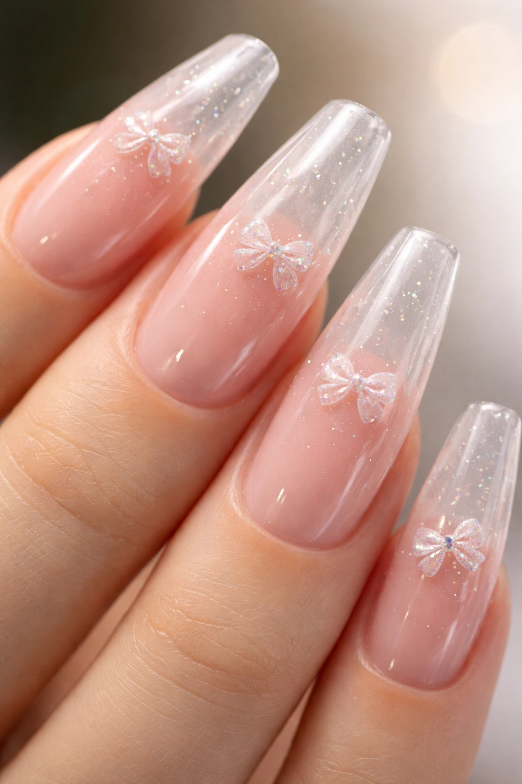Close-up of clear acrylic ballerina nails with encapsulated bow glitter