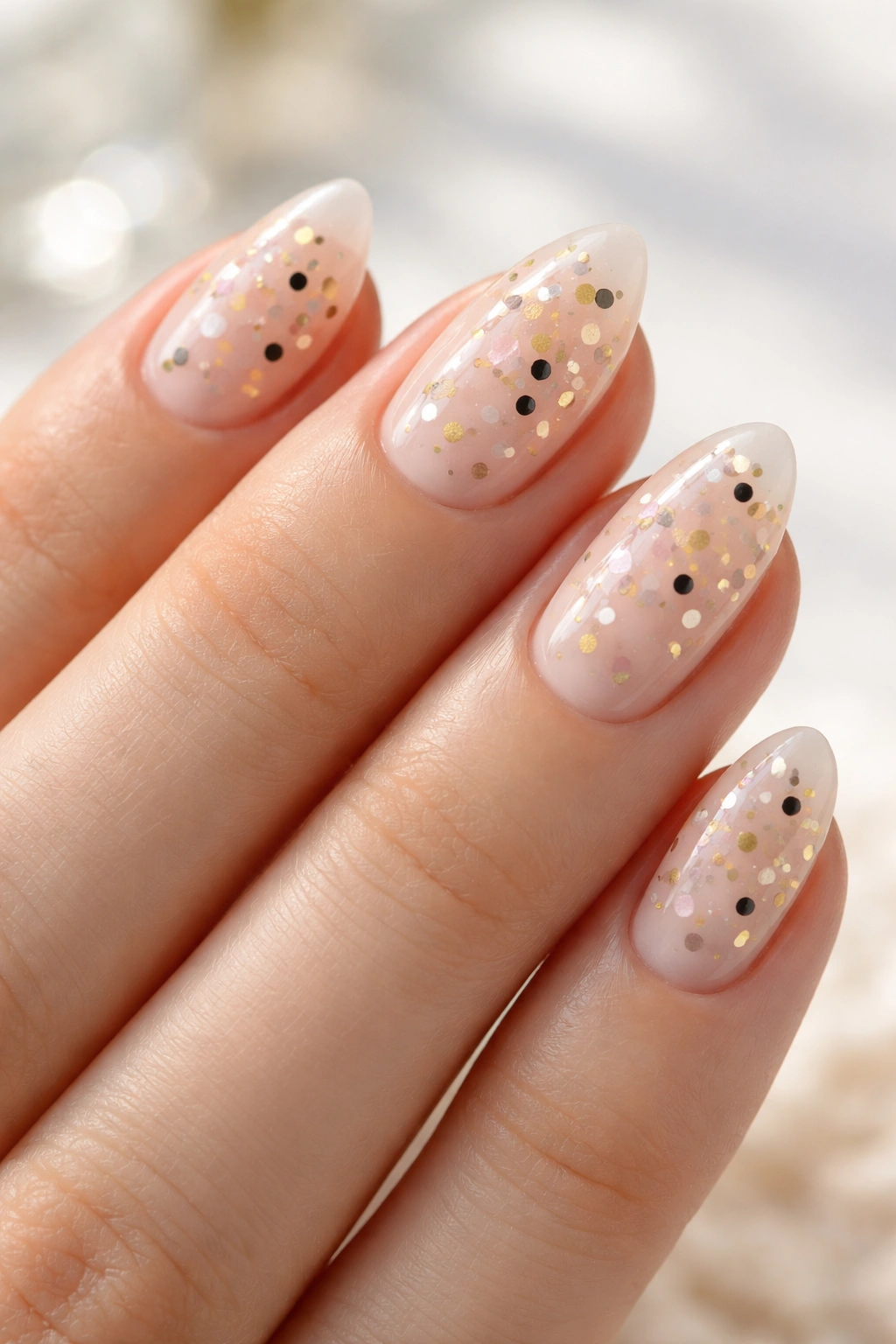 Close-up of short almond nails with clear base and sparse metallic confetti