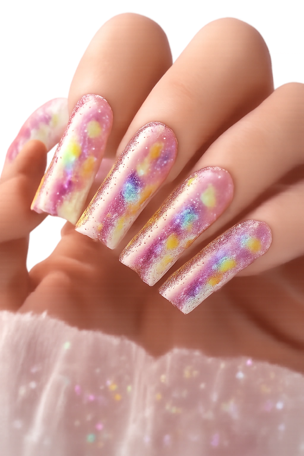 Close-up of extra-long duck nails with clear base and colorful confetti
