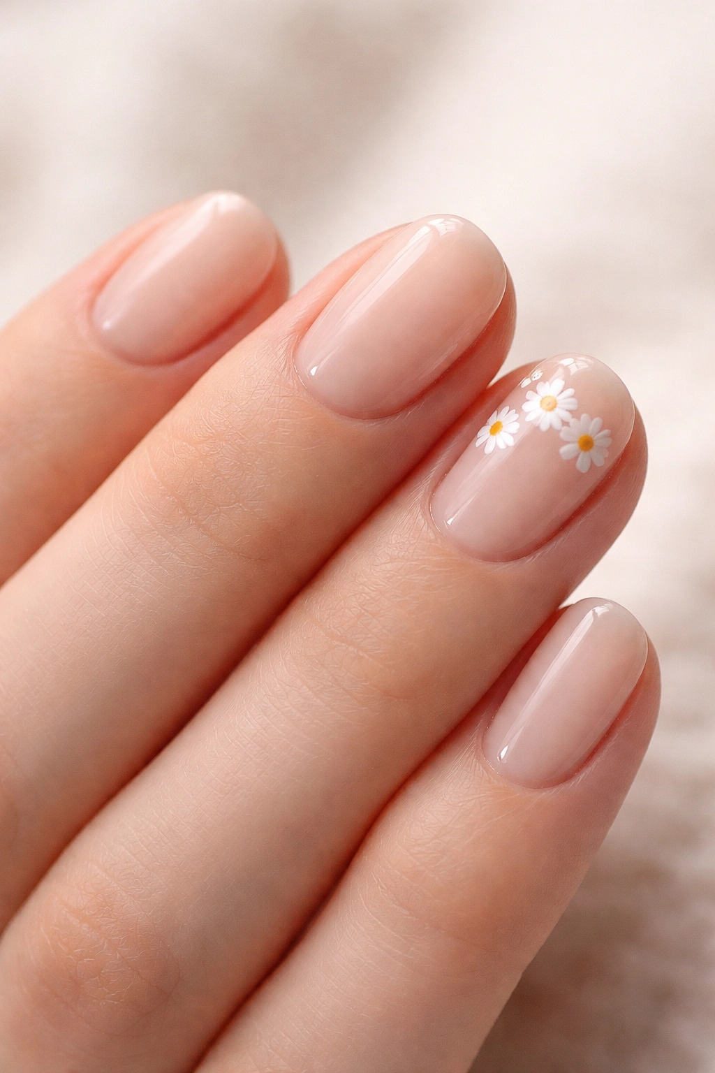 Short nails with clear base and tiny white daisies near the cuticle