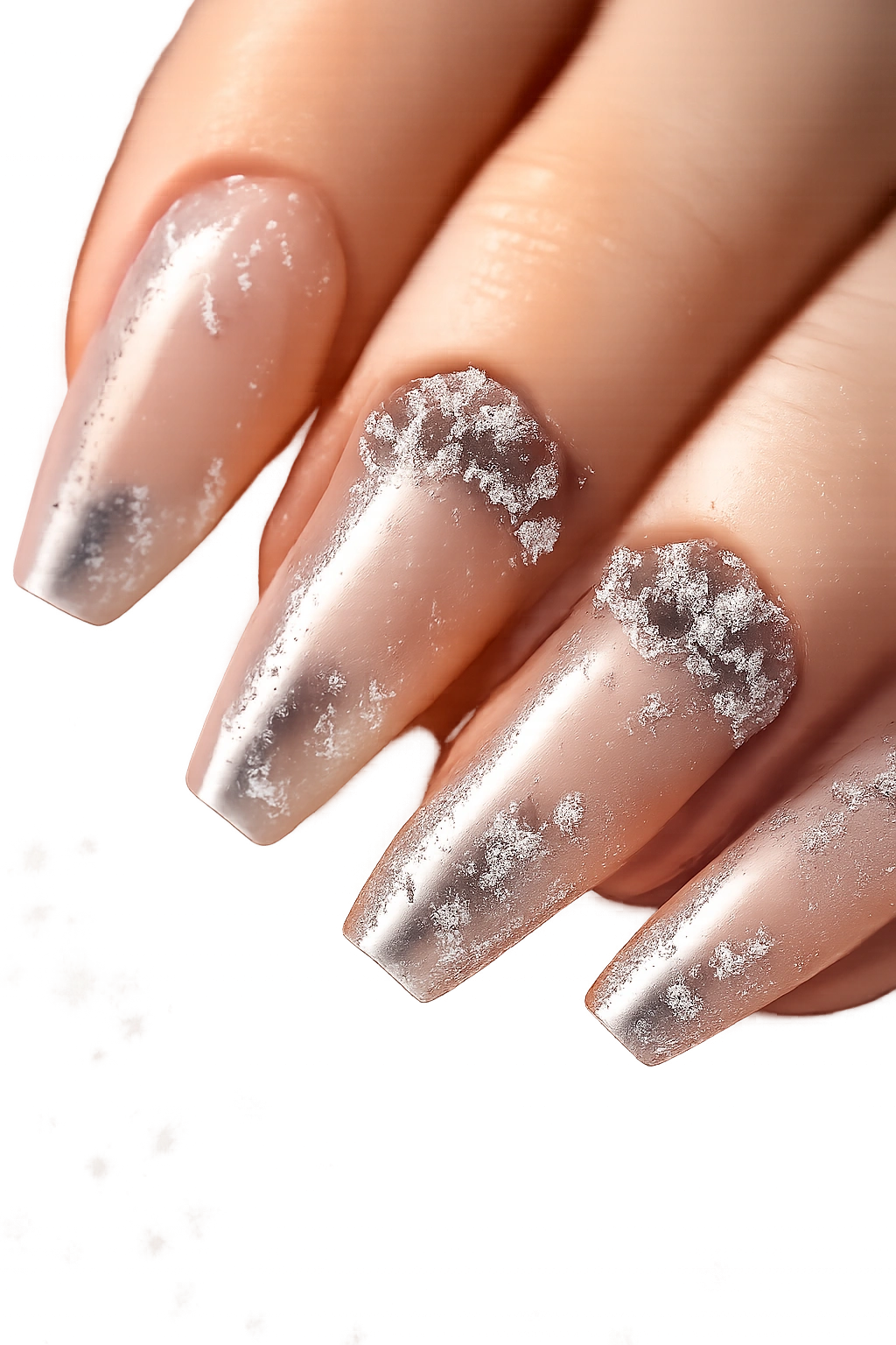 Clear-base nails with foil fragments and crystal clusters
