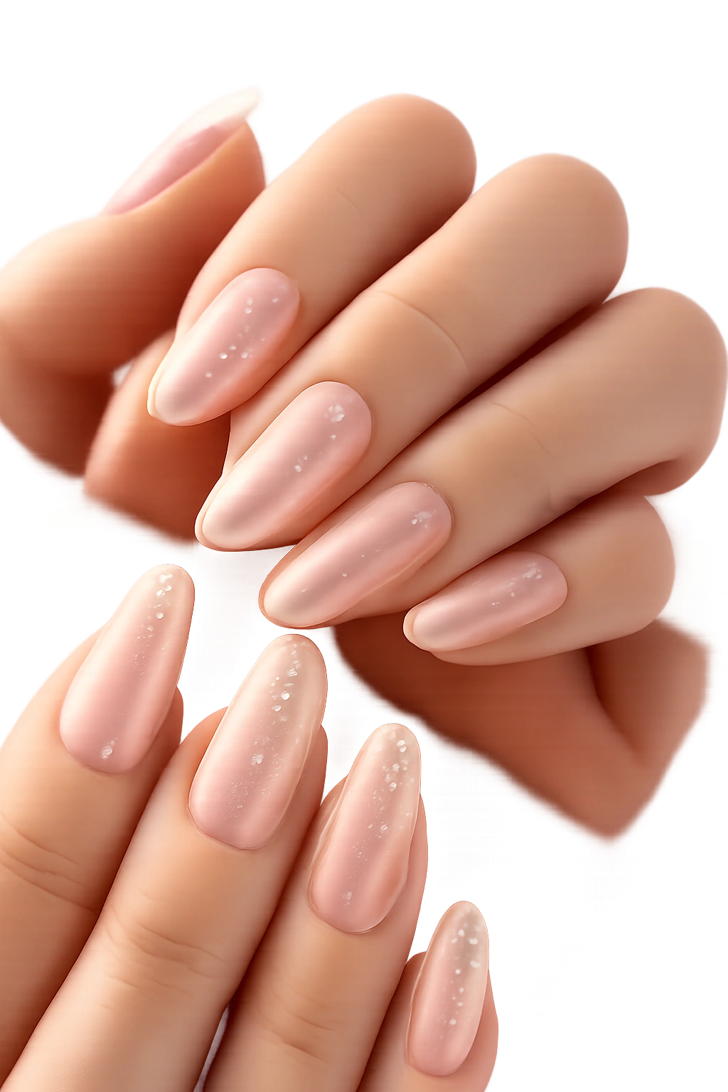 Close-up of clear-base tapered oval nails with tiny floating details