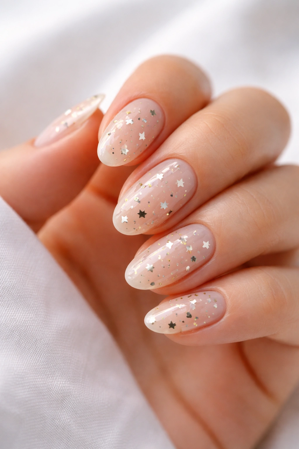 Clear base nails with scattered metallic mini stars