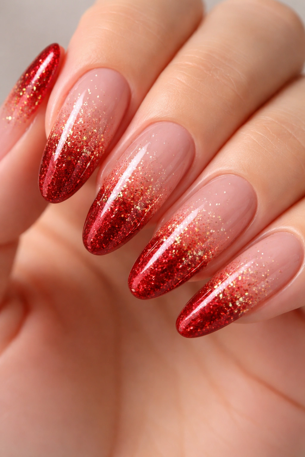 Clear base nails with red ombré tips and subtle glitter fade on long ovals