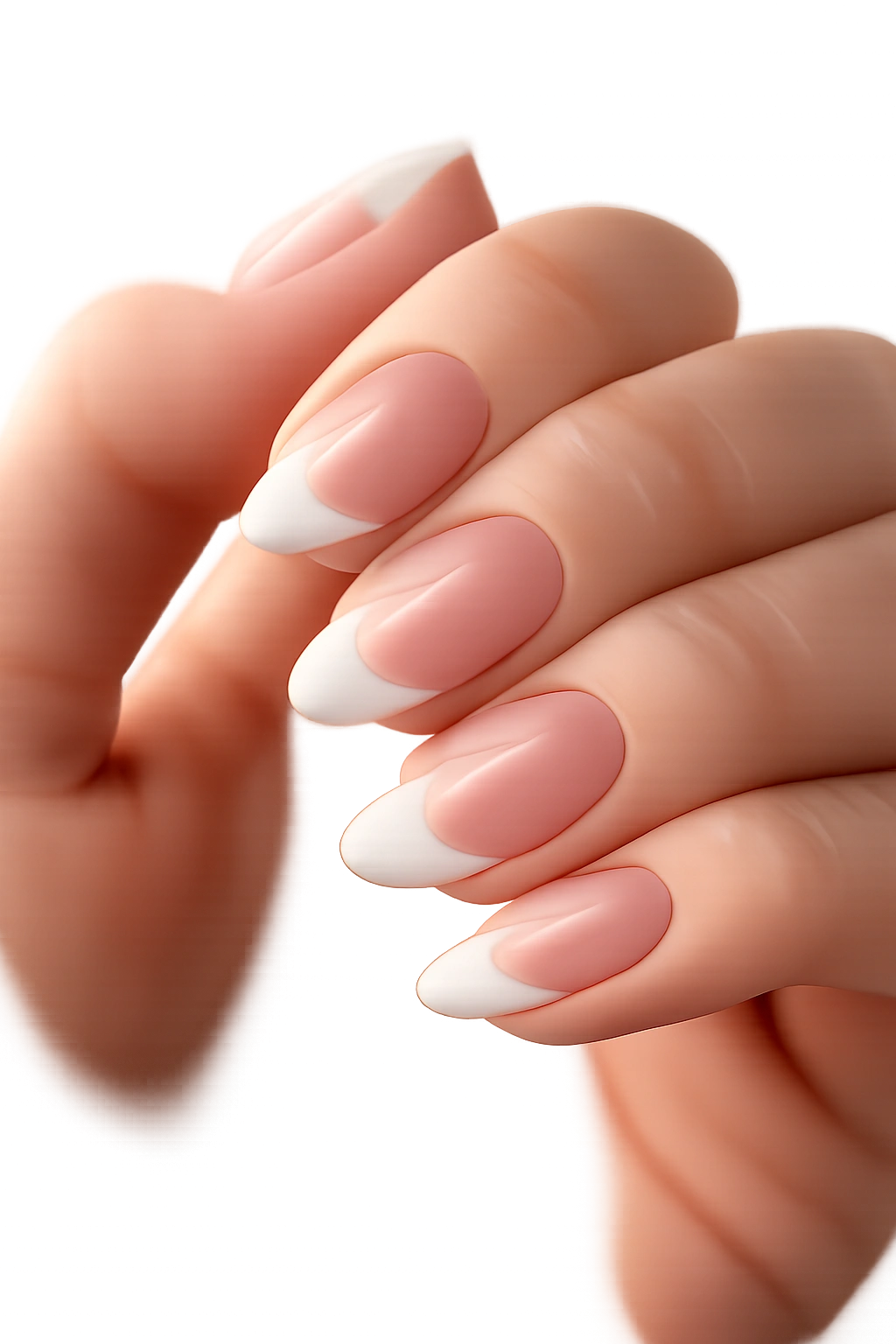Close-up of short almond nails with white tips on a glossy clear base