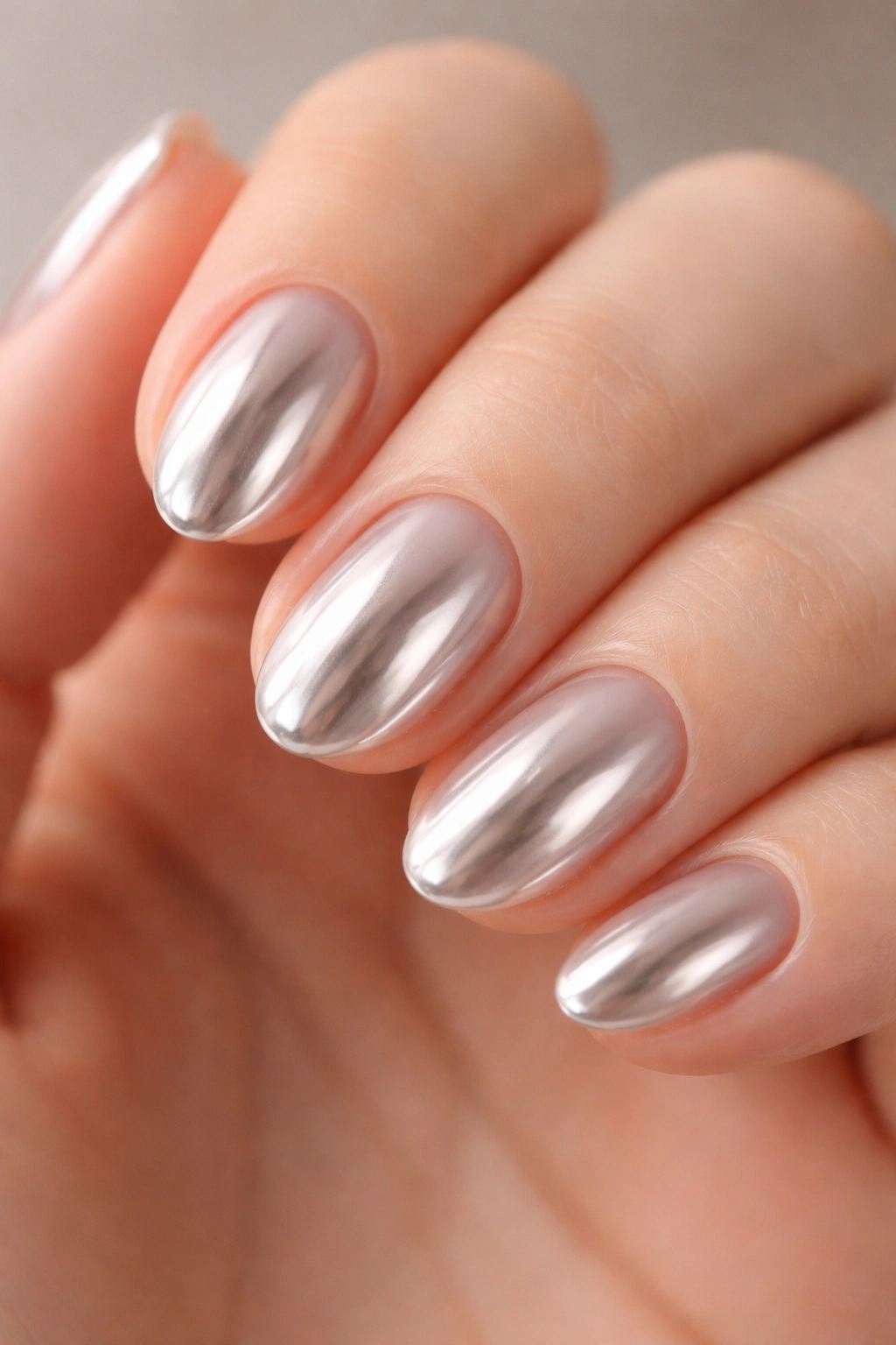Close-up of very short almond nails with clear chrome shine