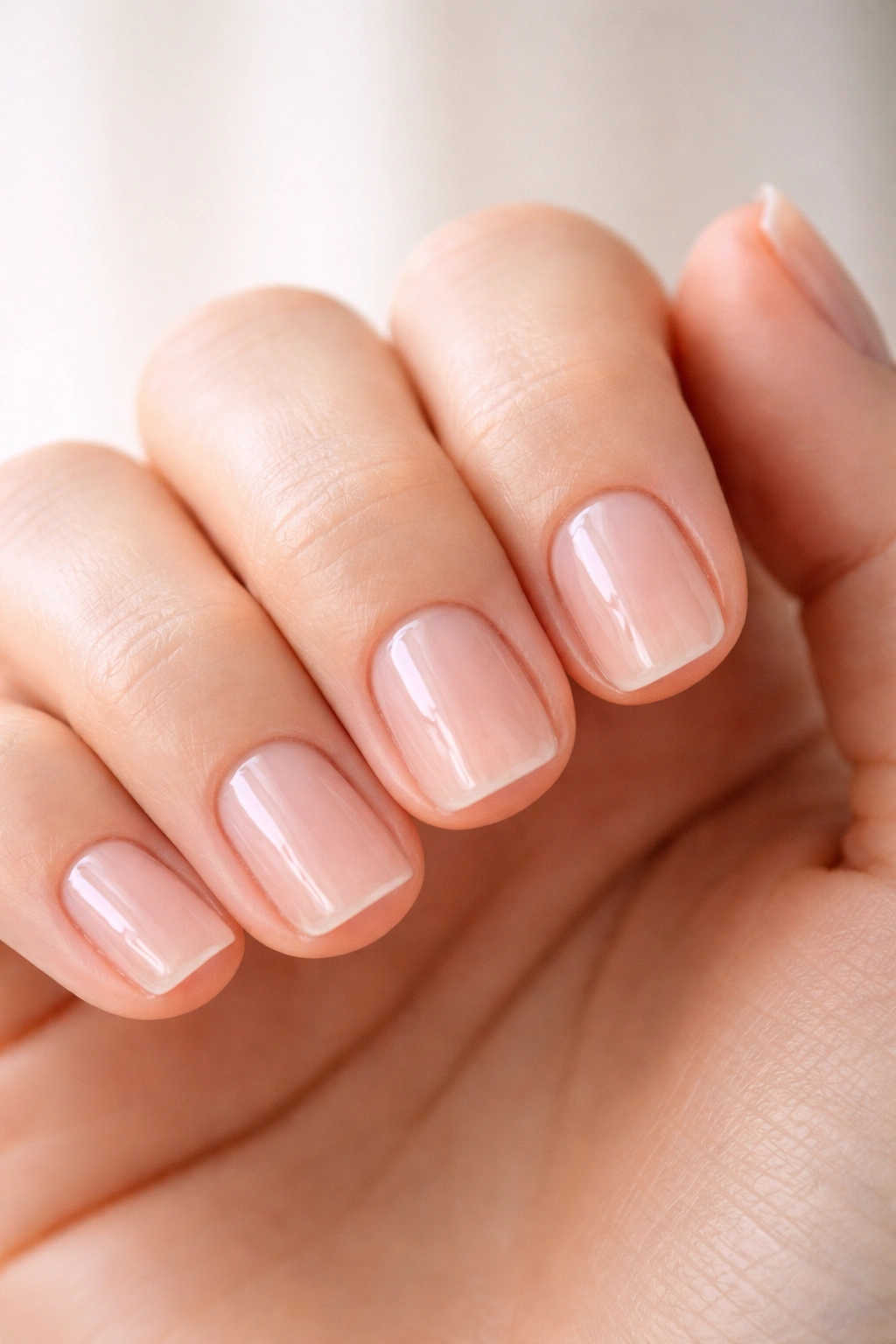 Close-up of natural squoval nails with clear glossy top coat on healthy bare nails
