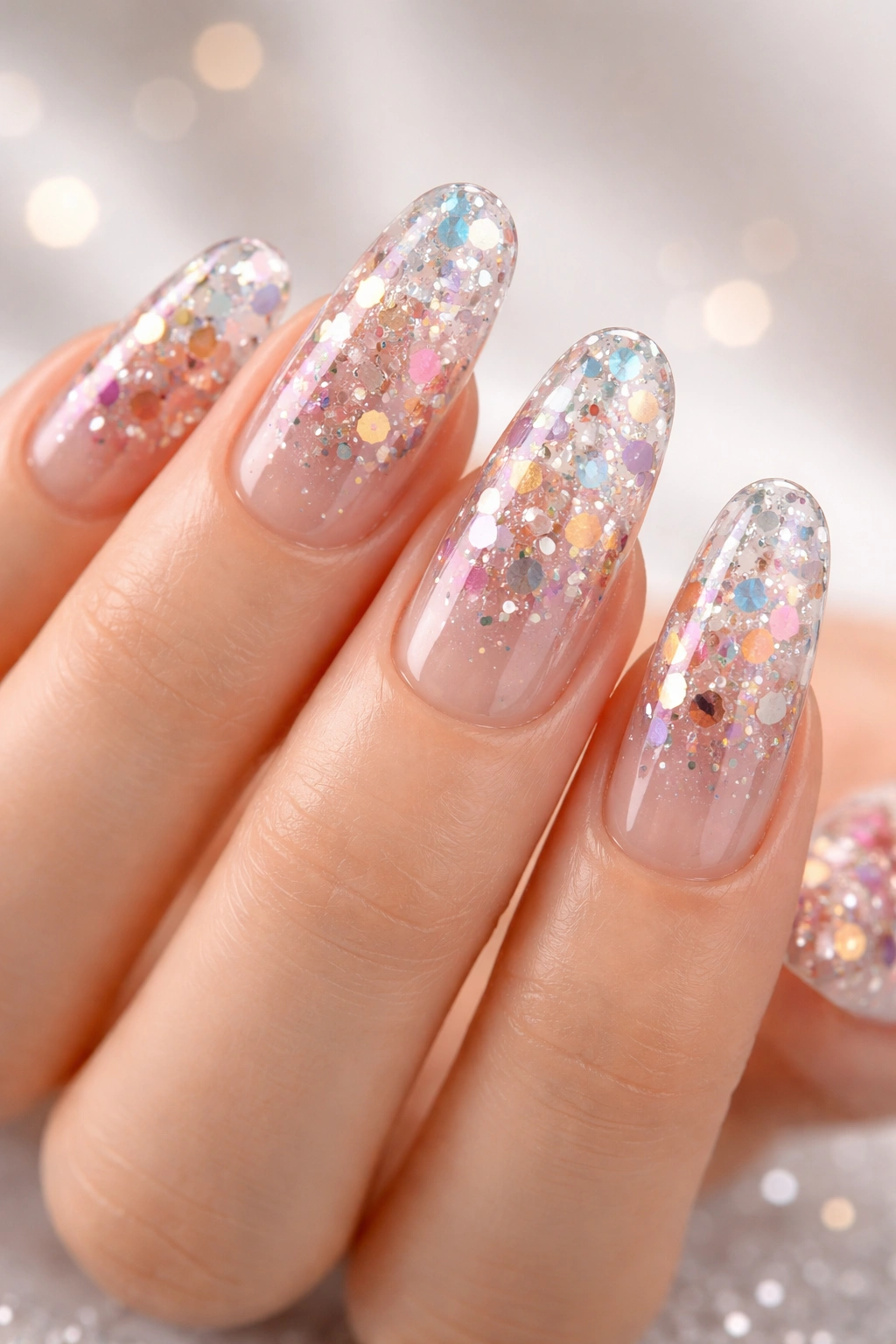 Close-up of long round acrylic nails with a clear base and confetti suspended inside