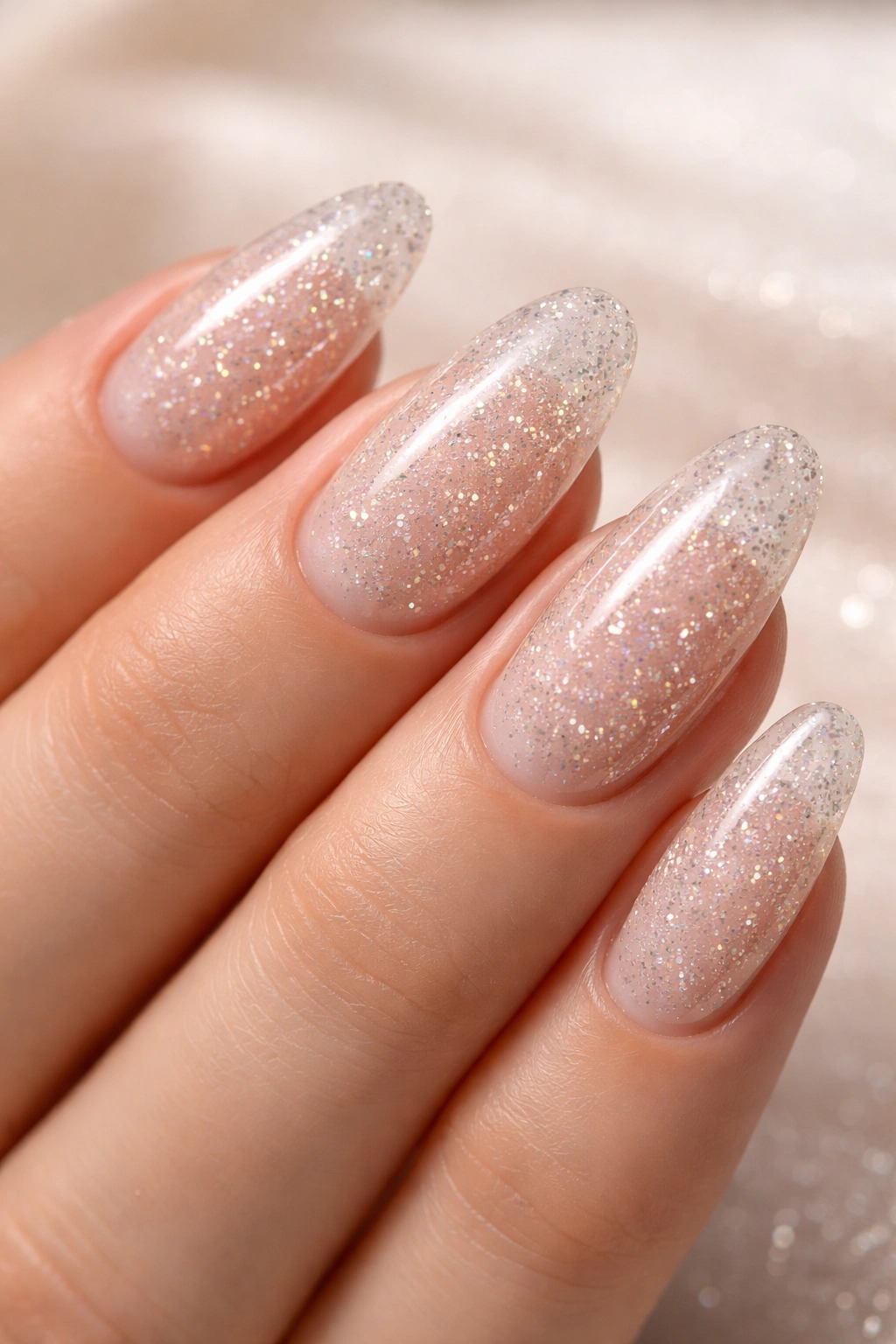 Close-up of clear dip powder nails with fine glitter for subtle sparkle