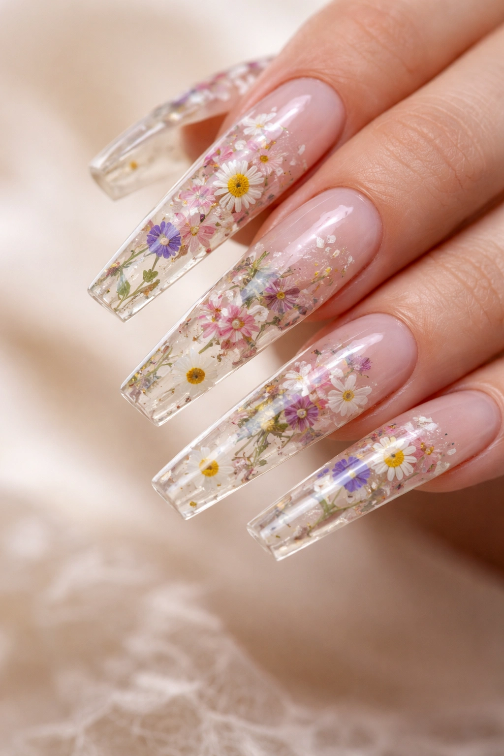Close-up of a clear duck nail embedded with pressed flowers
