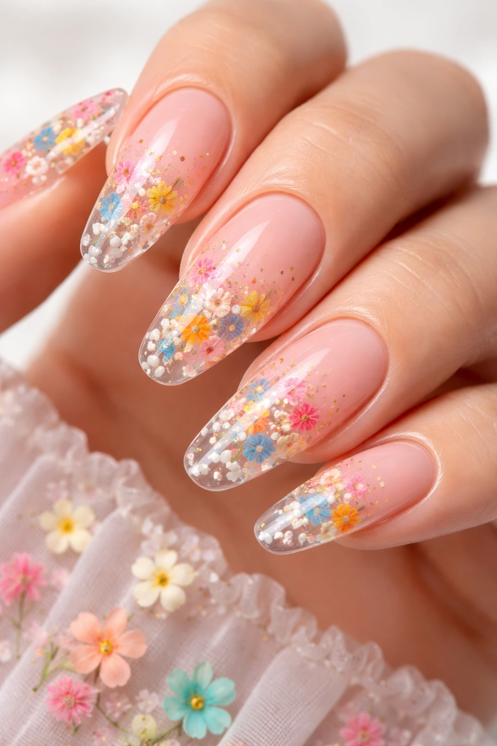Clear gel nails with embedded multicolor florals