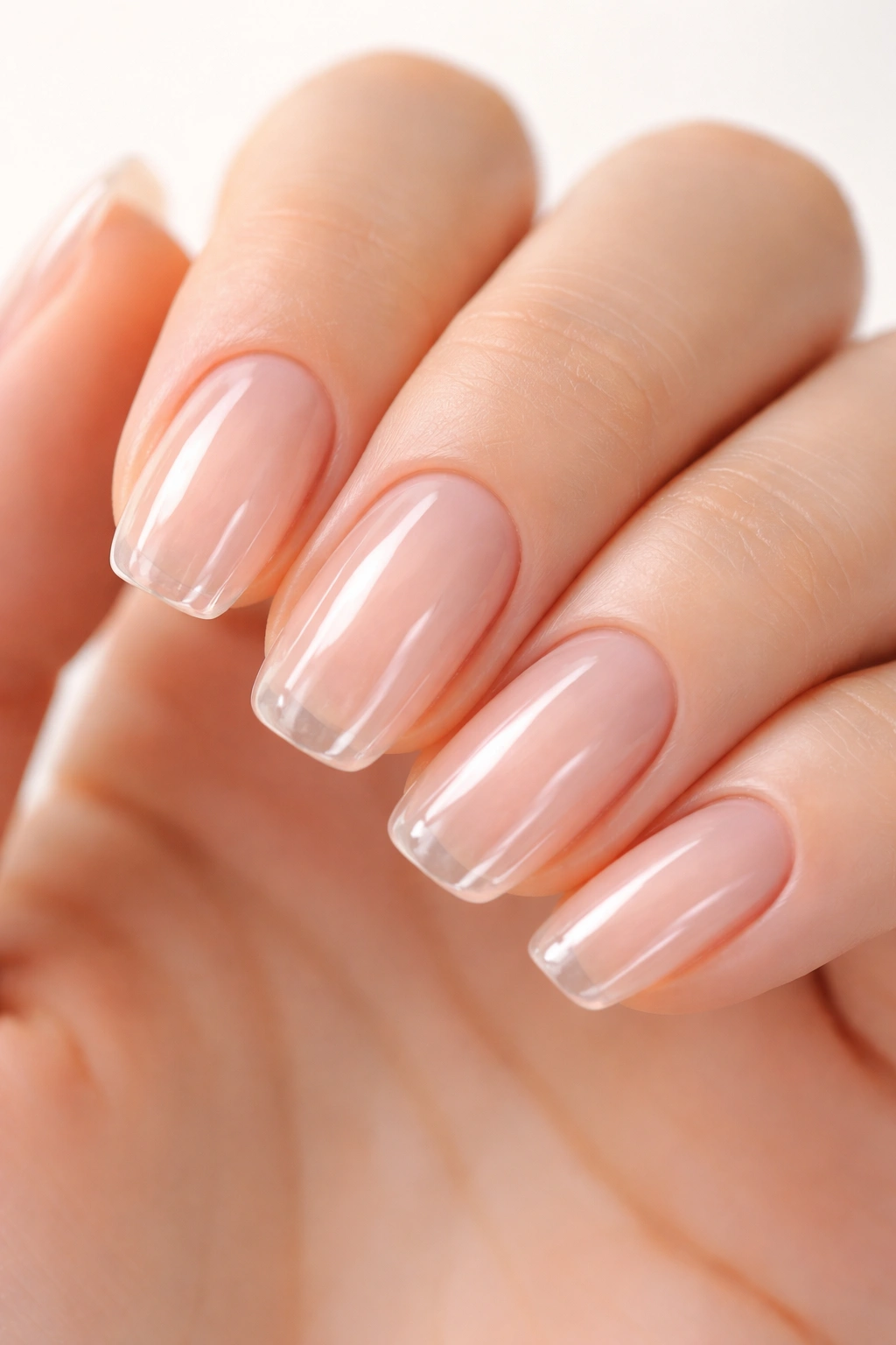 Close-up of clear glass nails with a mirror-like high-shine finish.
