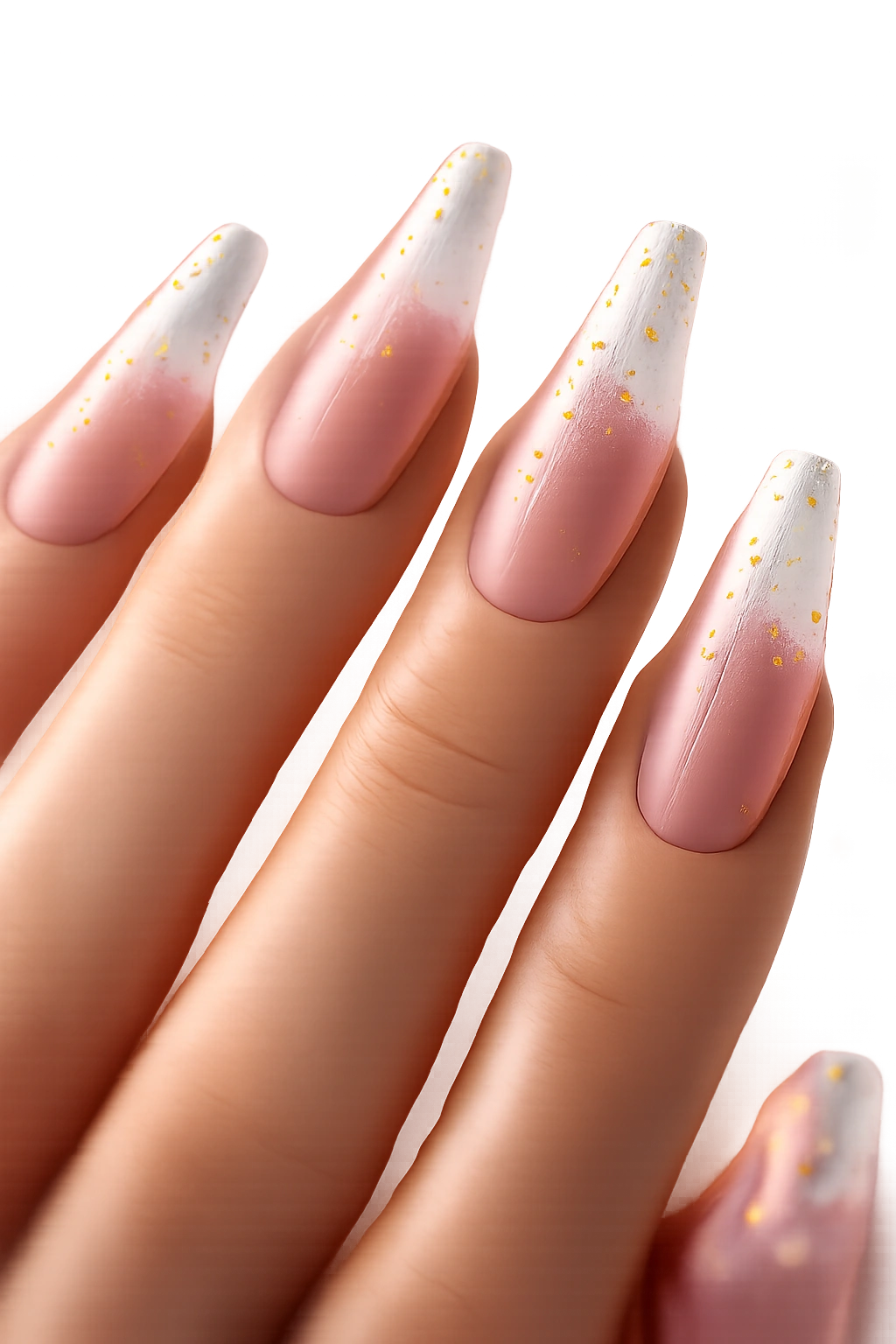 Close-up of clear glass ballerina nails with iridescent flakes
