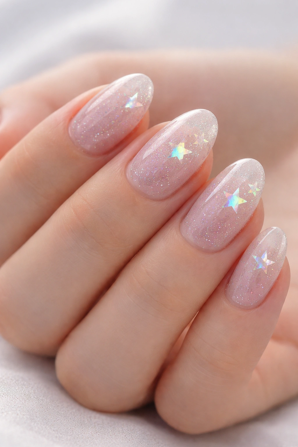 Clear glitter wash nails with iridescent stars on short almond nails