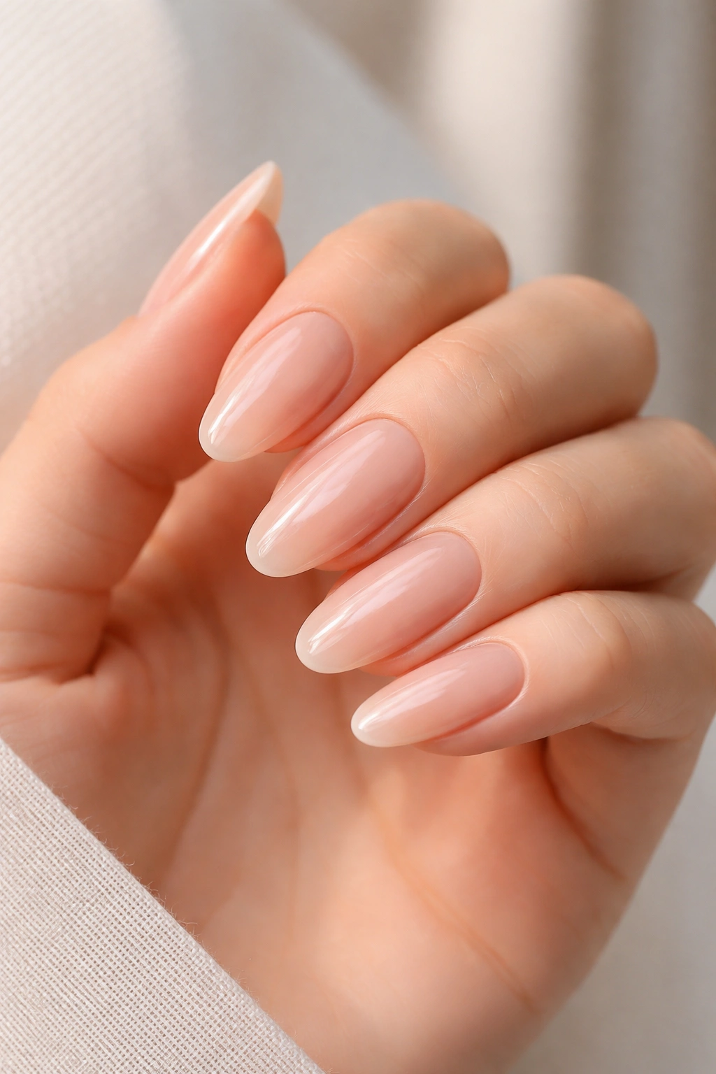 Close-up of bare long-oval nails with clear gloss